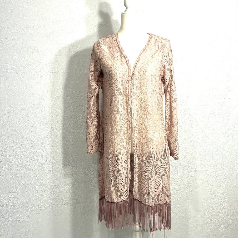 Lace Long Cardigan with Fringe, Size Medium, Dusty Rose, Long Sleeved